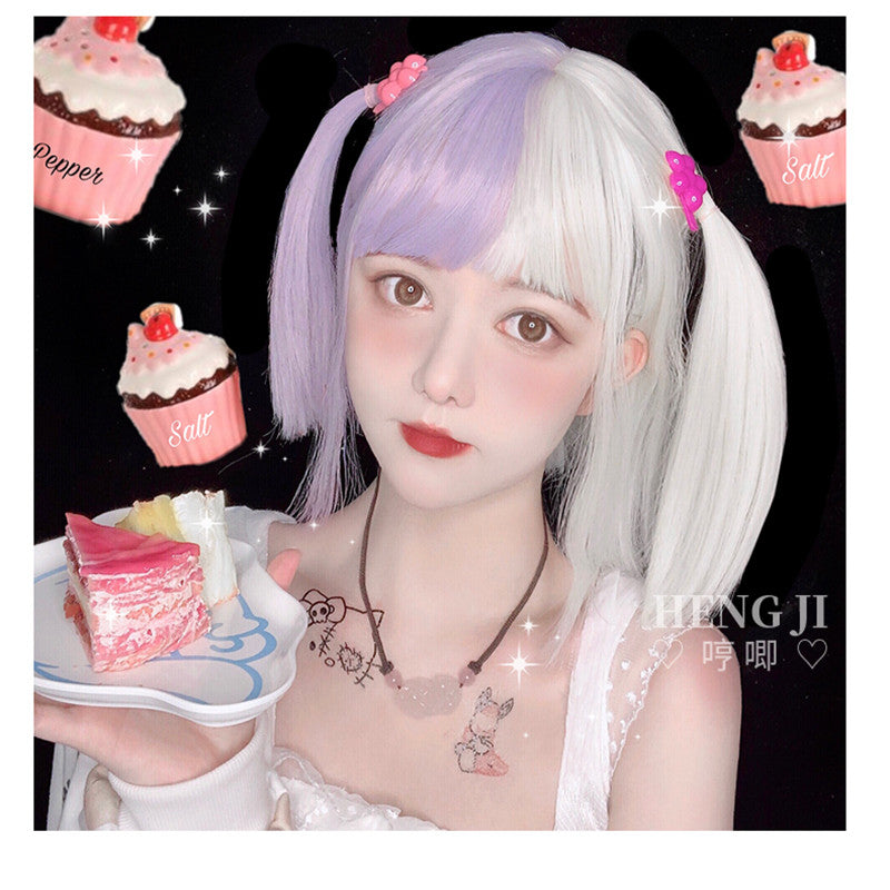 Hengji Wig July Purple White Gradient 33cm Straight Lolita Daily Cosplay Wig Synthetic Heat Resistant Fiber