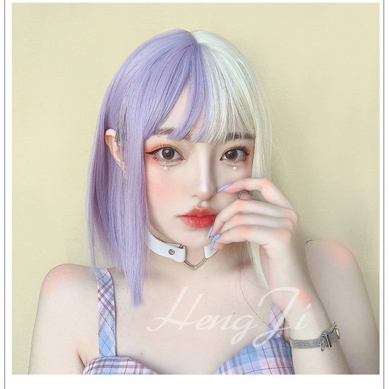Hengji Wig July Purple White Gradient 33cm Straight Lolita Daily Cosplay Wig Synthetic Heat Resistant Fiber