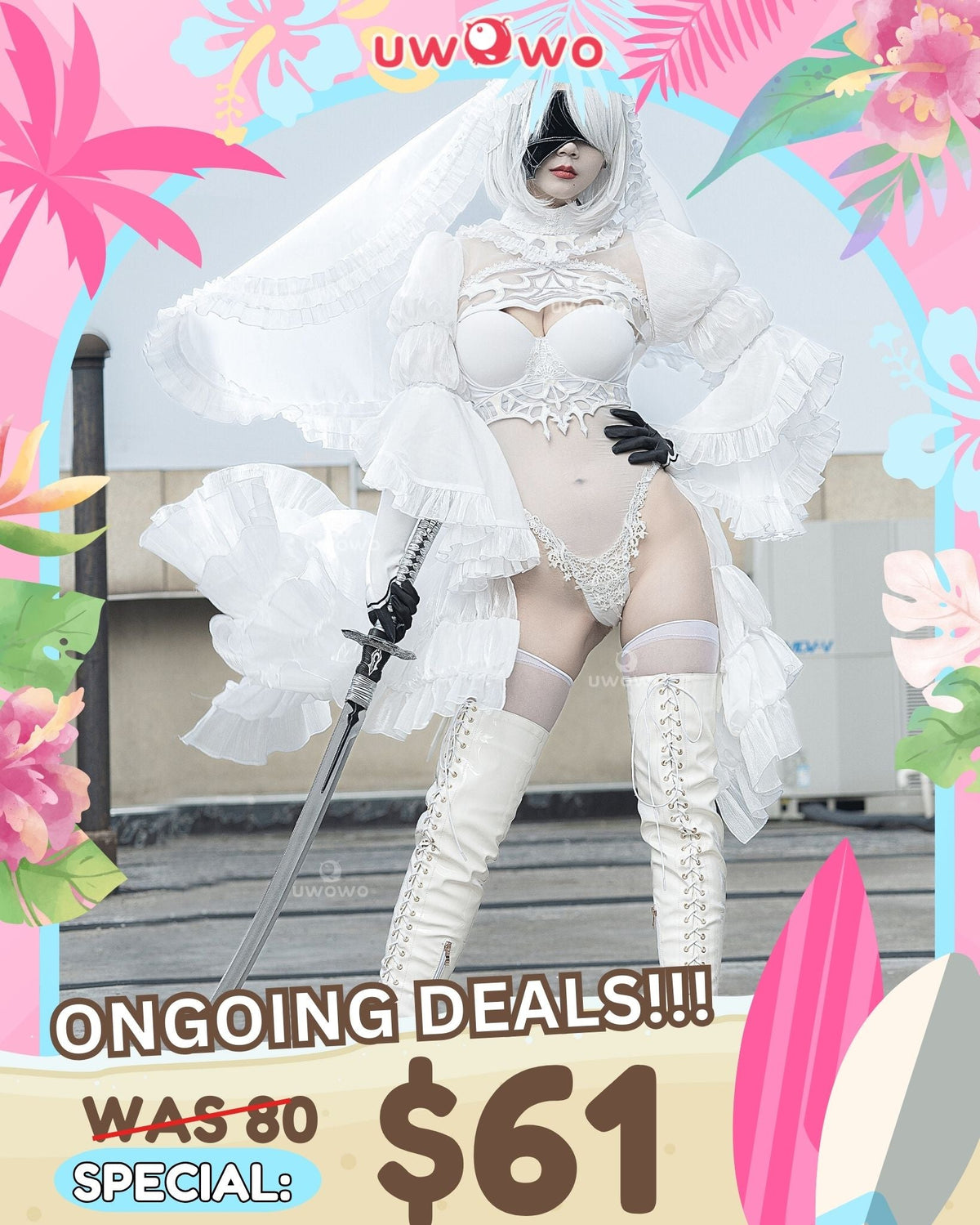 【Special Discount】 Uwowo 2B White Wedding Dress Bride Cosplay Costume